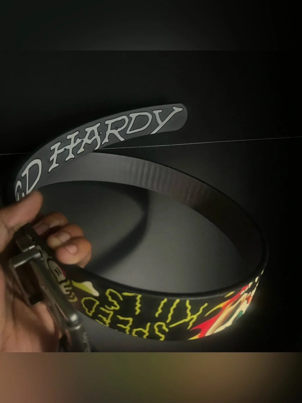 Ed Hardy Skull & Flames Graphic Belt - Black with Yellow and Red Accents